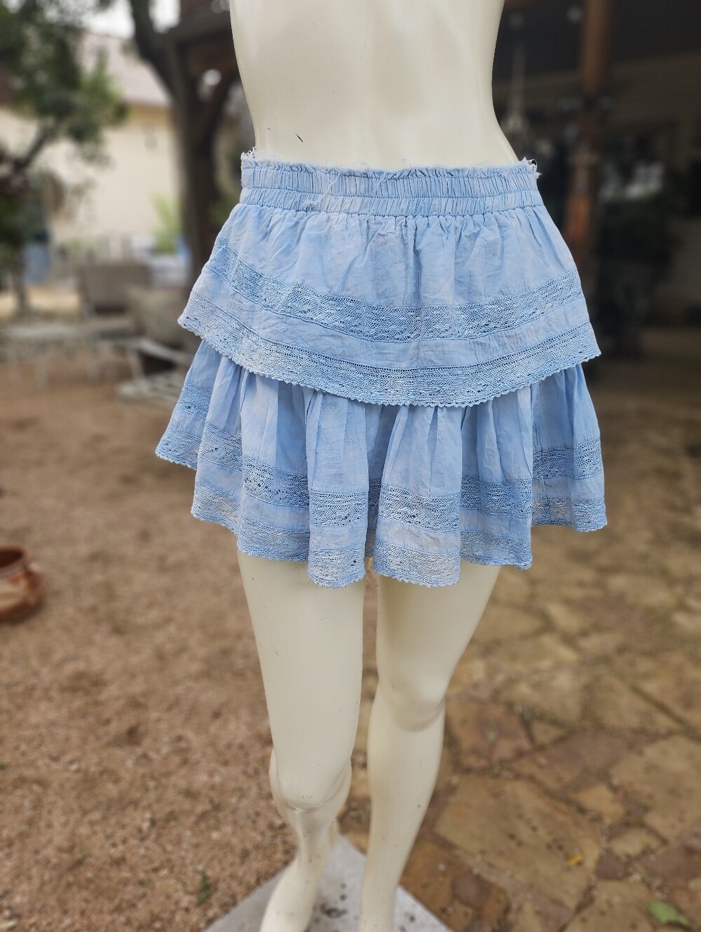 Love Shack Fancy Light Blue Distressed Cotton Tiered Mini Skirt Small